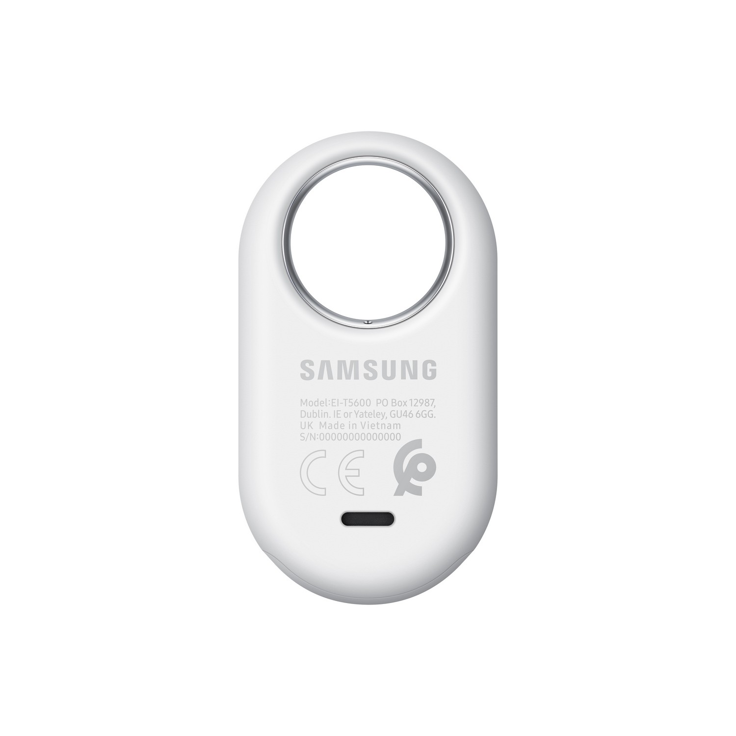 White, oval-shaped Samsung device with a hole and the brand name. The back of the device is visible.