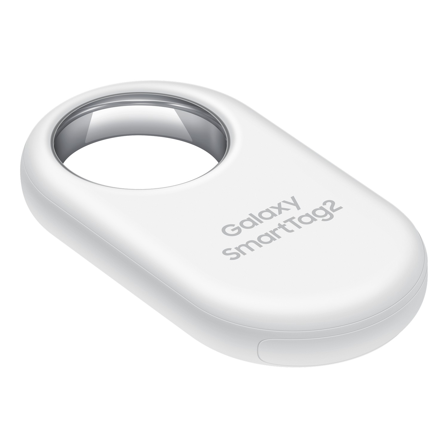 White Galaxy SmartTag2, oval shape with a hole and the brand name printed on it.