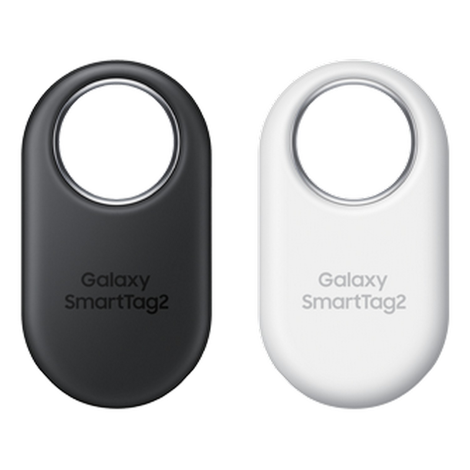Two Galaxy SmartTag2 trackers. One black, one white. Simple, oval design, ring at top.