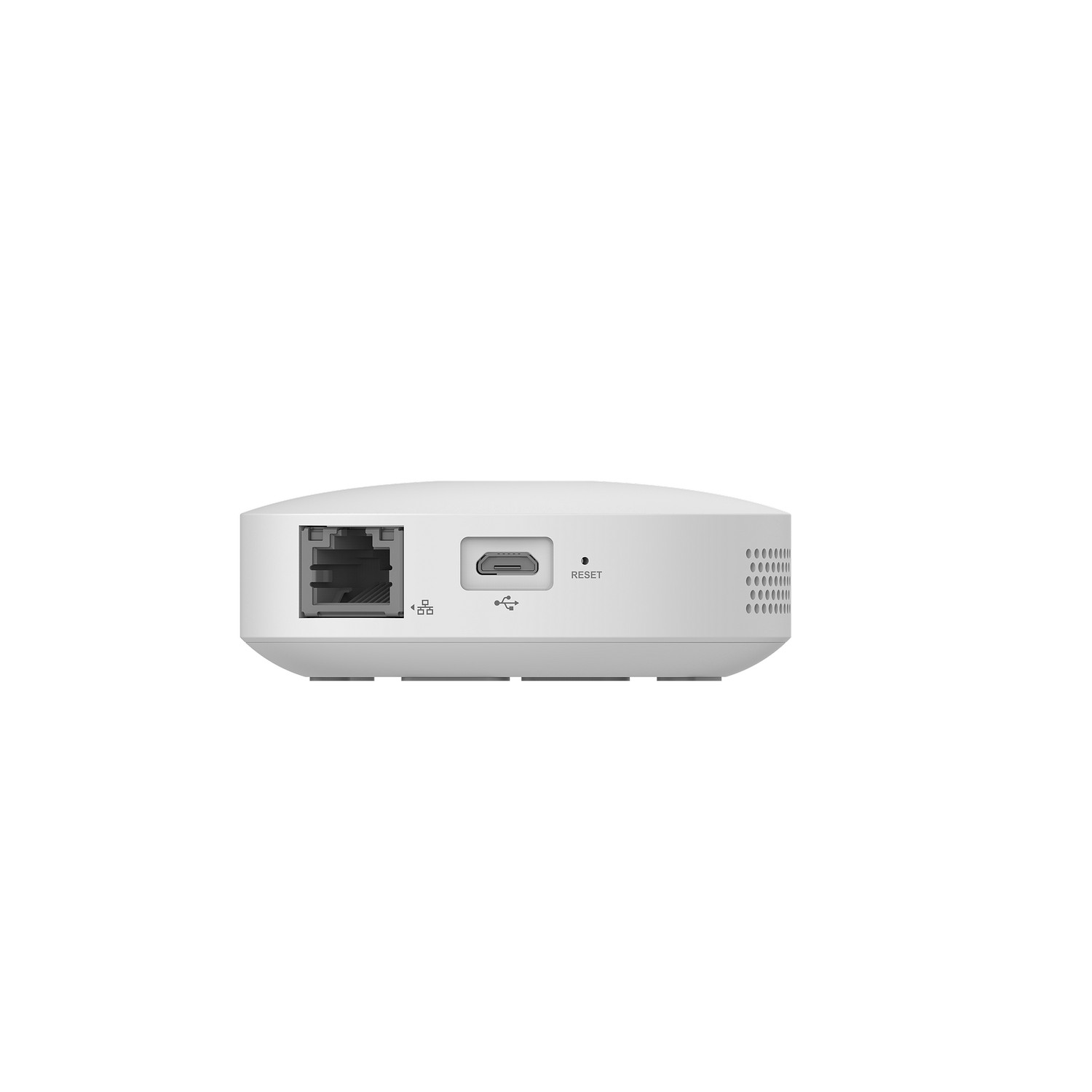 White network access point. Back panel with ethernet, USB, and reset port.