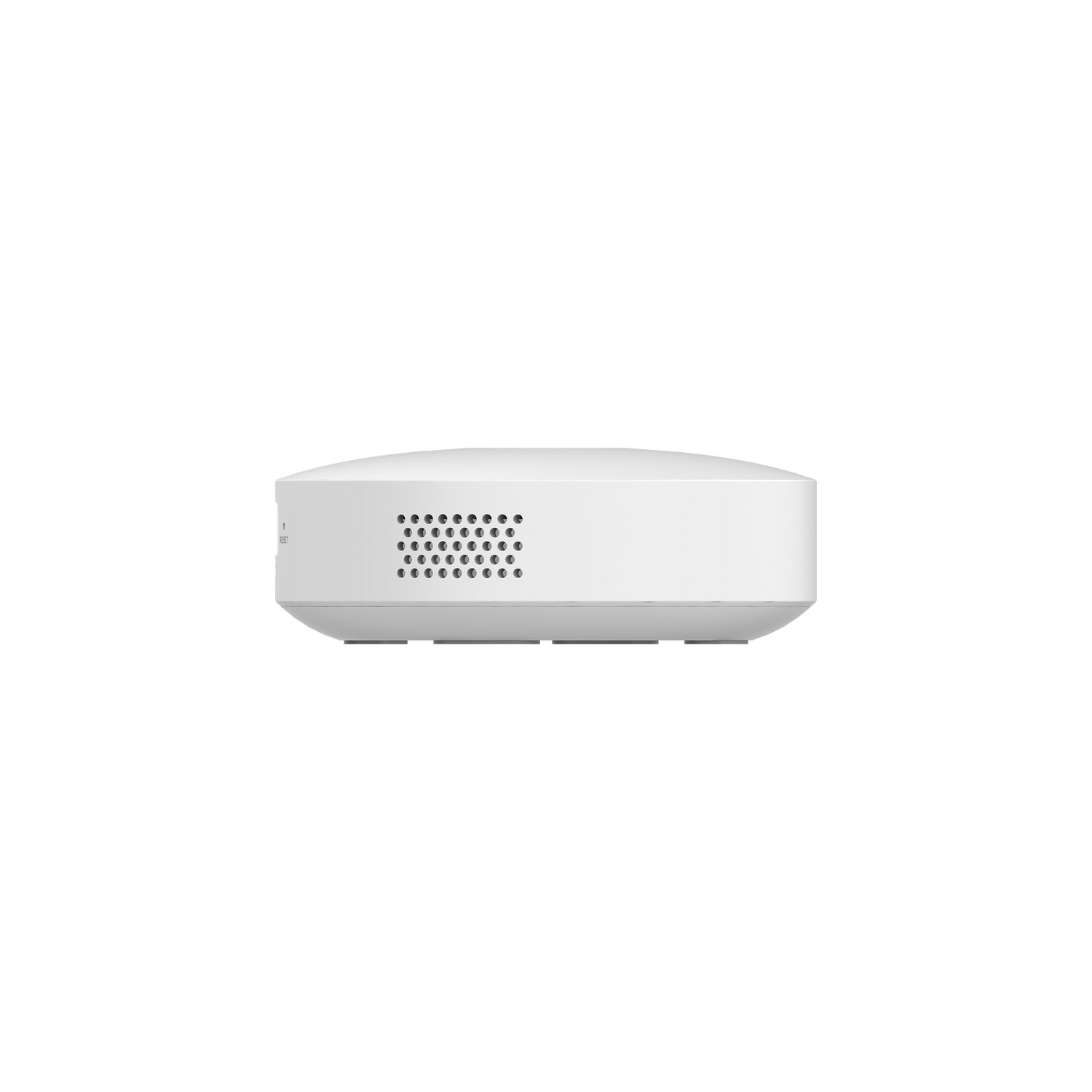 A white electronic device with a grill on the side is against a white background.
