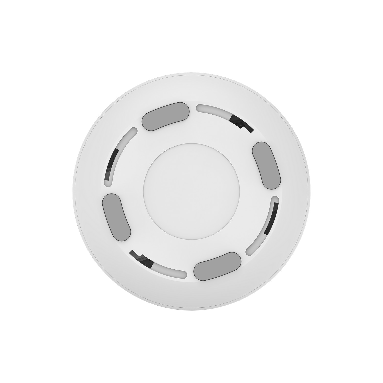 A white device with a circular design, featuring gray and black details.