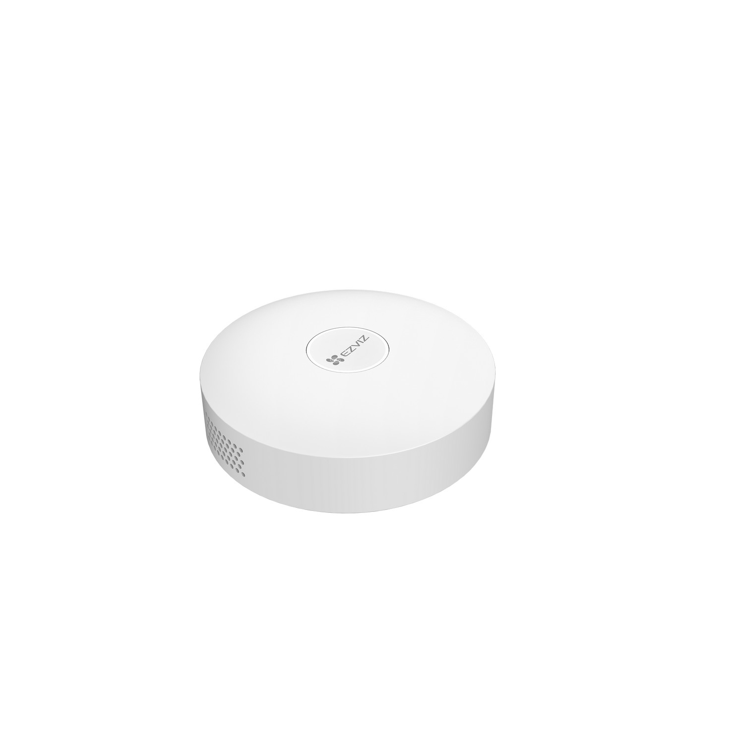 White, circular, EZVIZ smart home device, isolated on a white background.