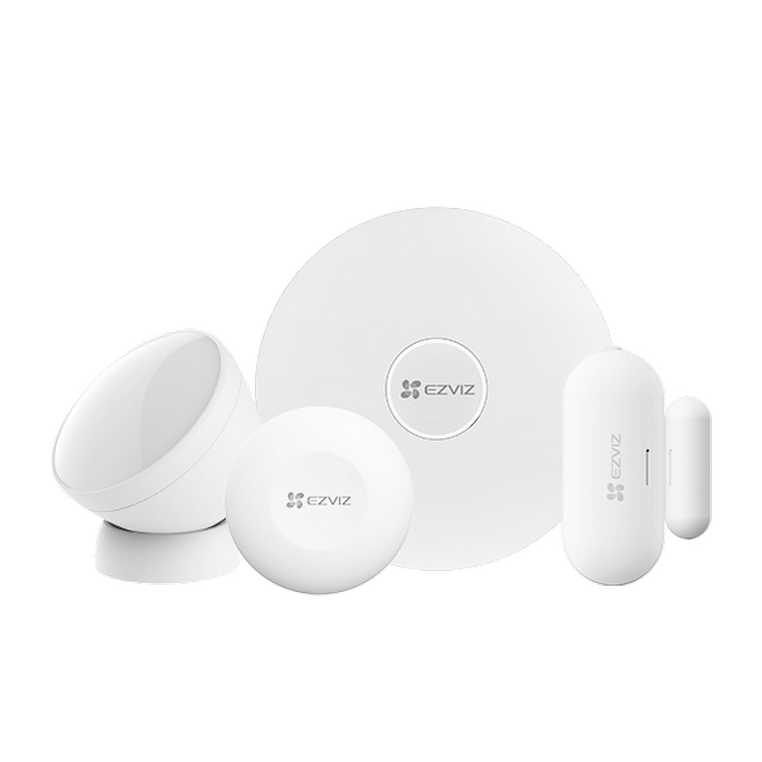 An assortment of white security system components: a base station, a camera, and door/window sensors.