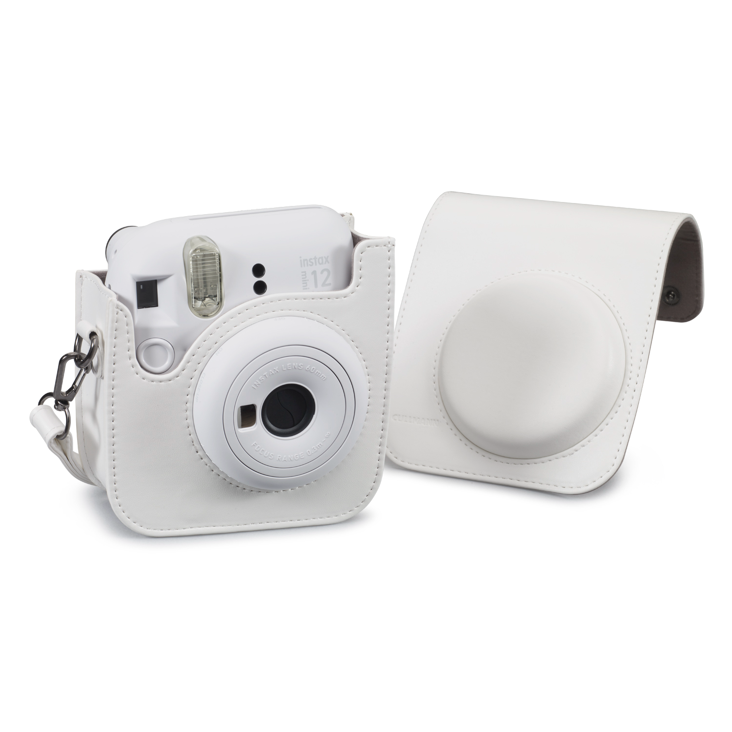 Weiße Instax 12 Kamera in einer weißen Ledertasche, mit geöffnetem Etui.