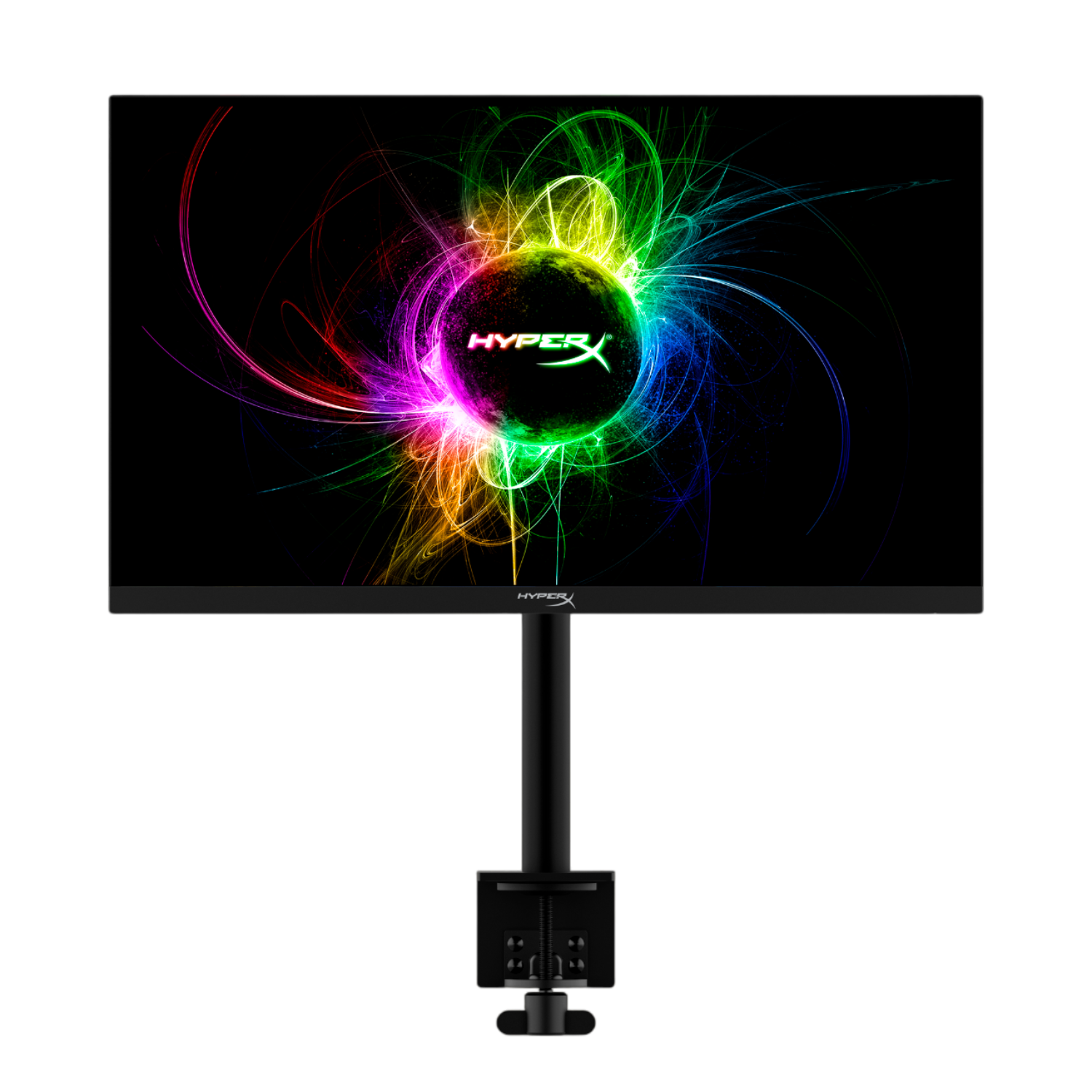 HyperX gaming monitor met een kleurrijke afbeelding op het scherm, zwarte standaard.
