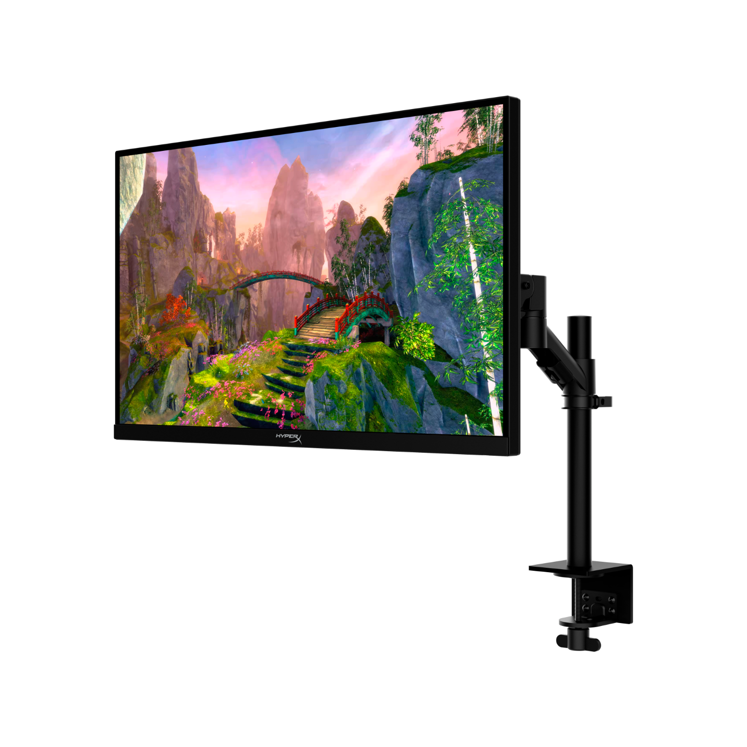 Een computermonitor op een zwarte arm, met een landschap op het scherm. Het HyperX-logo is zichtbaar.