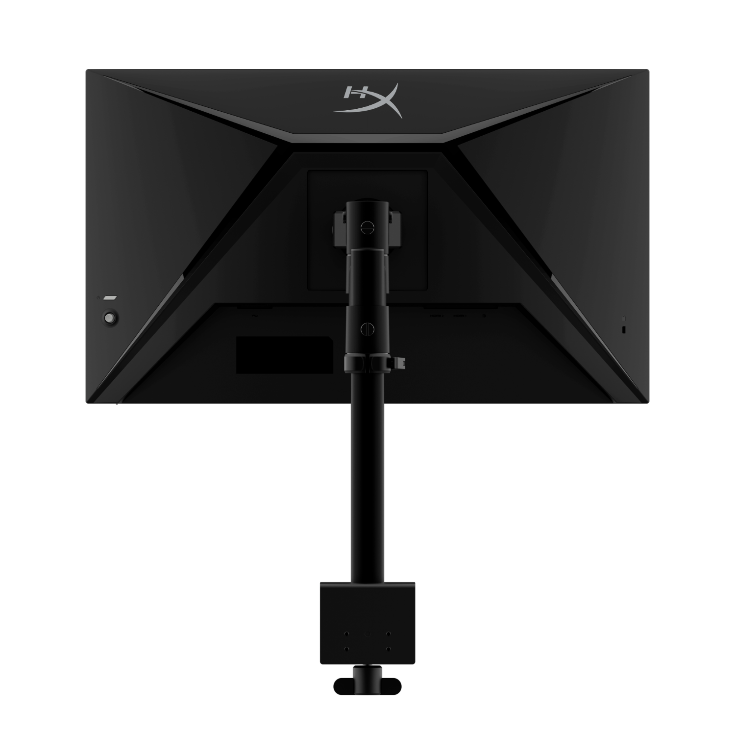 Achterkant van een zwarte computermonitor, met standaard en montagebeugel, witte achtergrond.