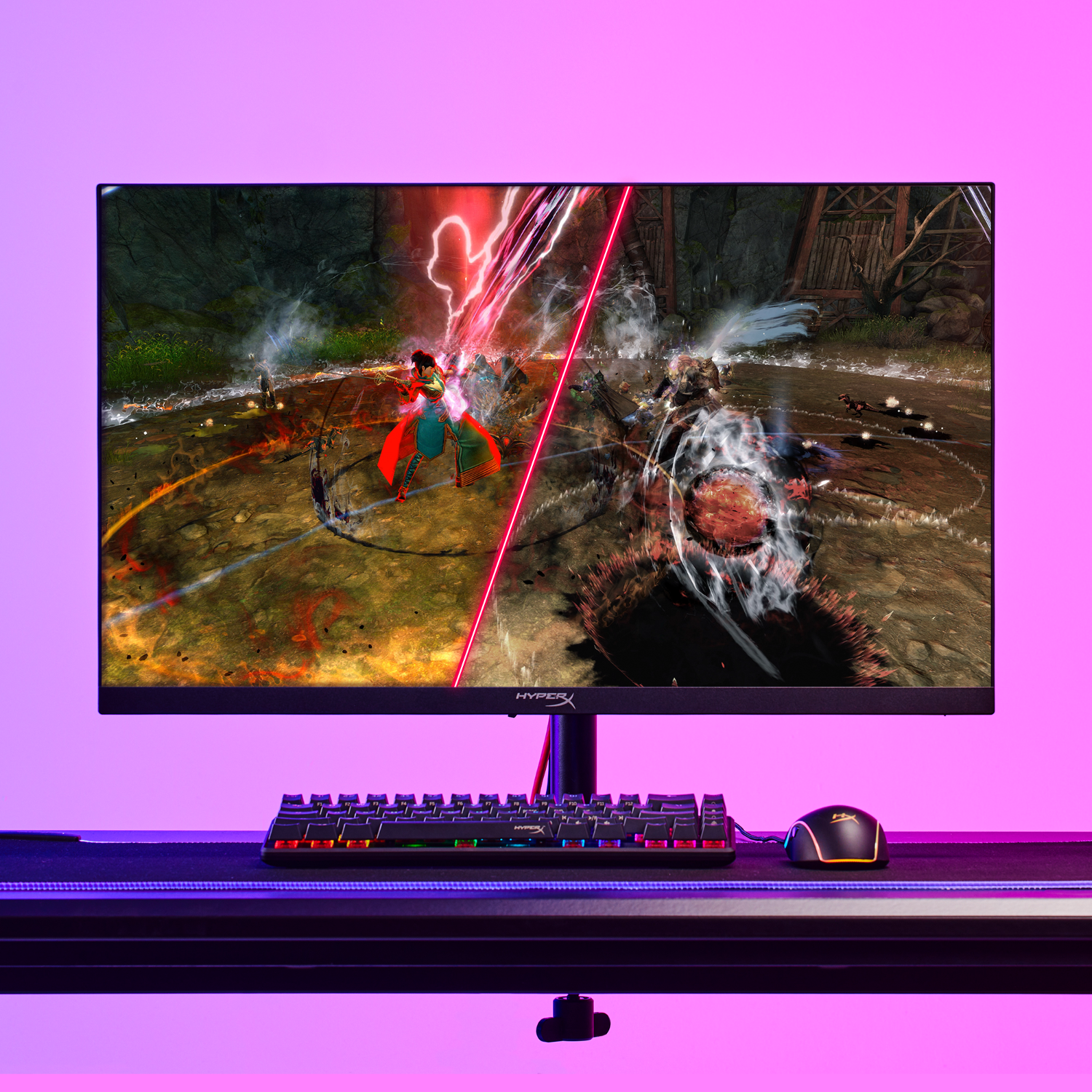 Gaming monitor met een game scene. Toetsenbord en muis op de voorgrond.