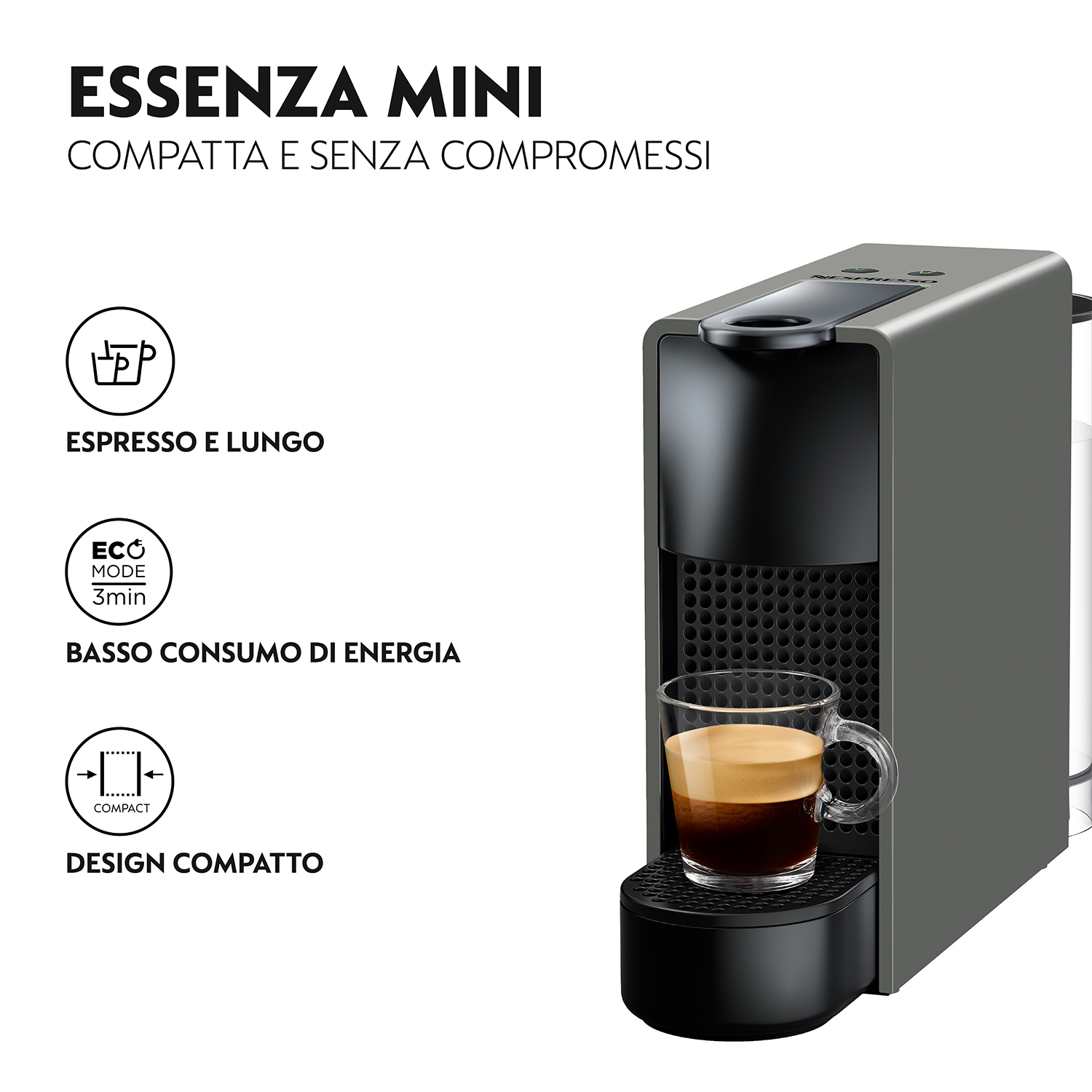 Una macchina da caffè con un bicchiere di caffè e icone con testo su sfondo bianco.