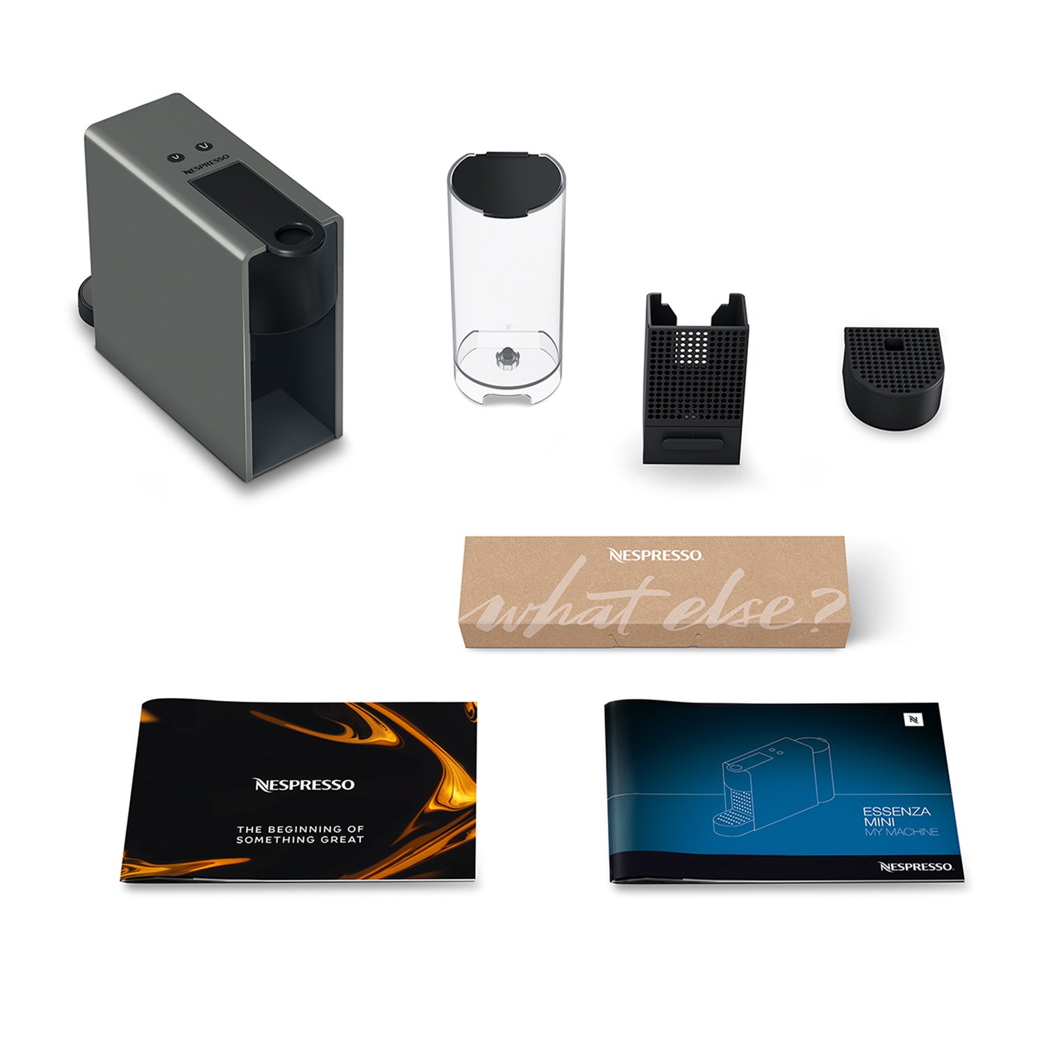 Macchina Nespresso e accessori. Include macchina, serbatoio dell'acqua e varie parti nere.