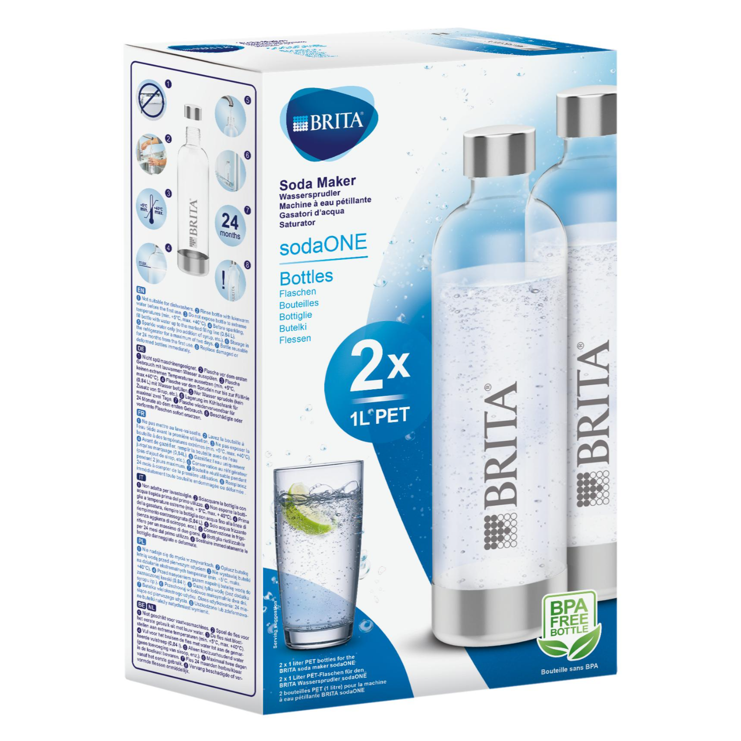 A Brita soda maker box with two bottles, a glass with a lime, and text in multiple languages.