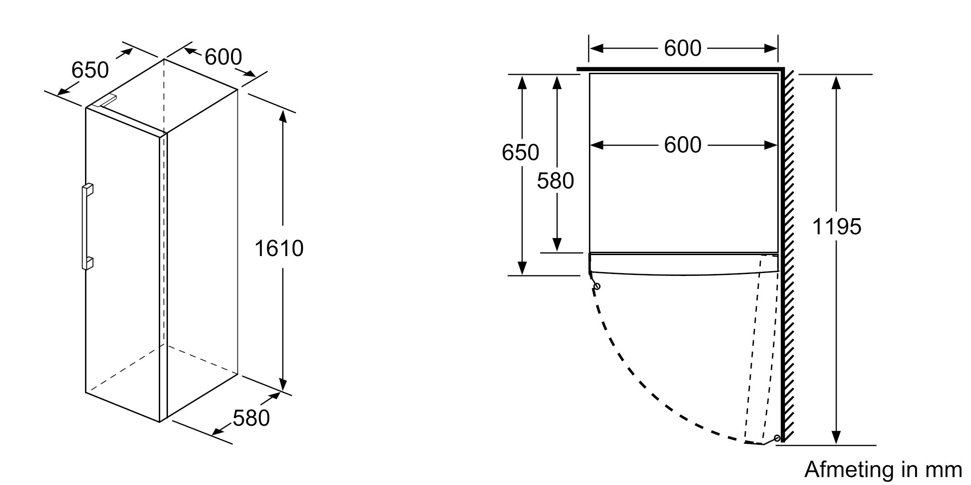 Diagram of a refrigerator with dimensions in mm, showing the height and width.