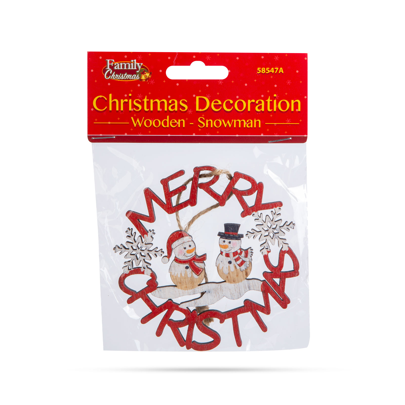 Karácsonyi dekoráció hóember dizájnnal és a "Merry Christmas" felirattal.