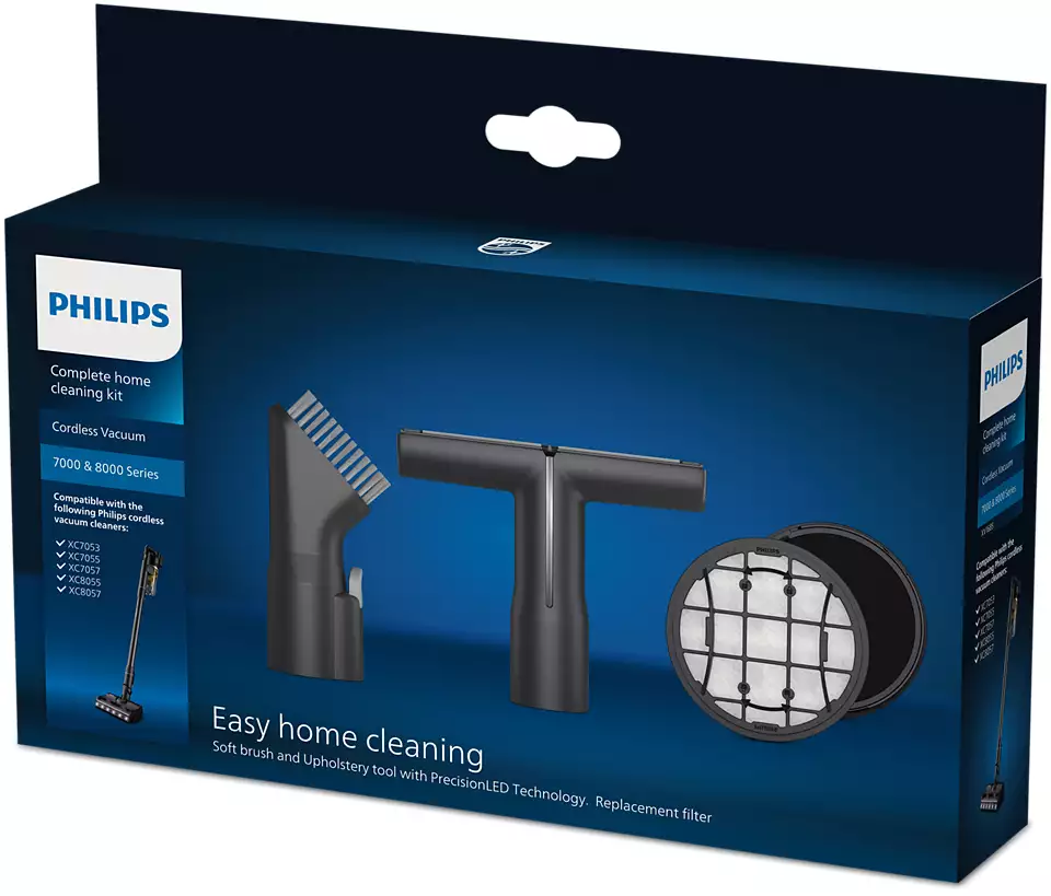 Pudełko z akcesoriami do odkurzacza Philips. Zawiera szczotki, filtry i akcesoria.
