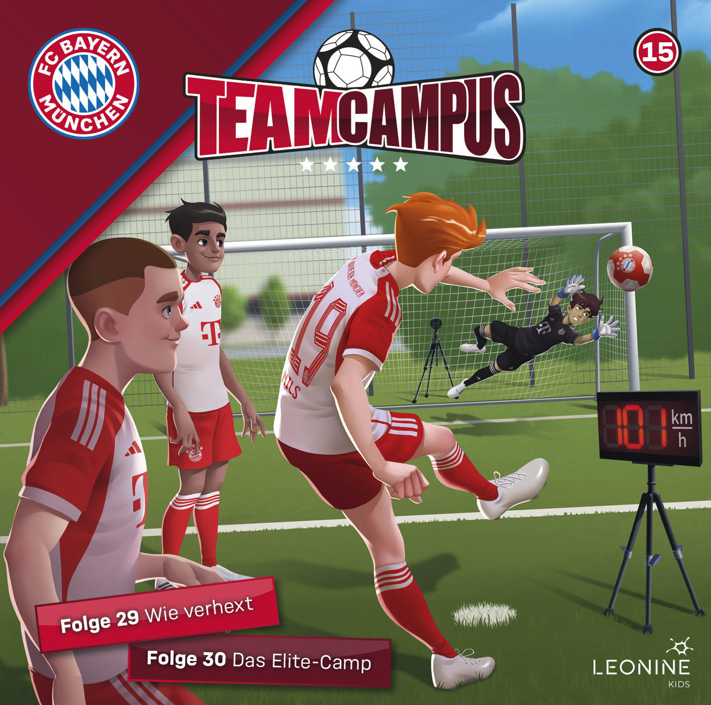 TeamCampus-Cartoon-Cover zeigt Fußballspieler und ein Tor. Die Geschwindigkeit beträgt 101 km/h.