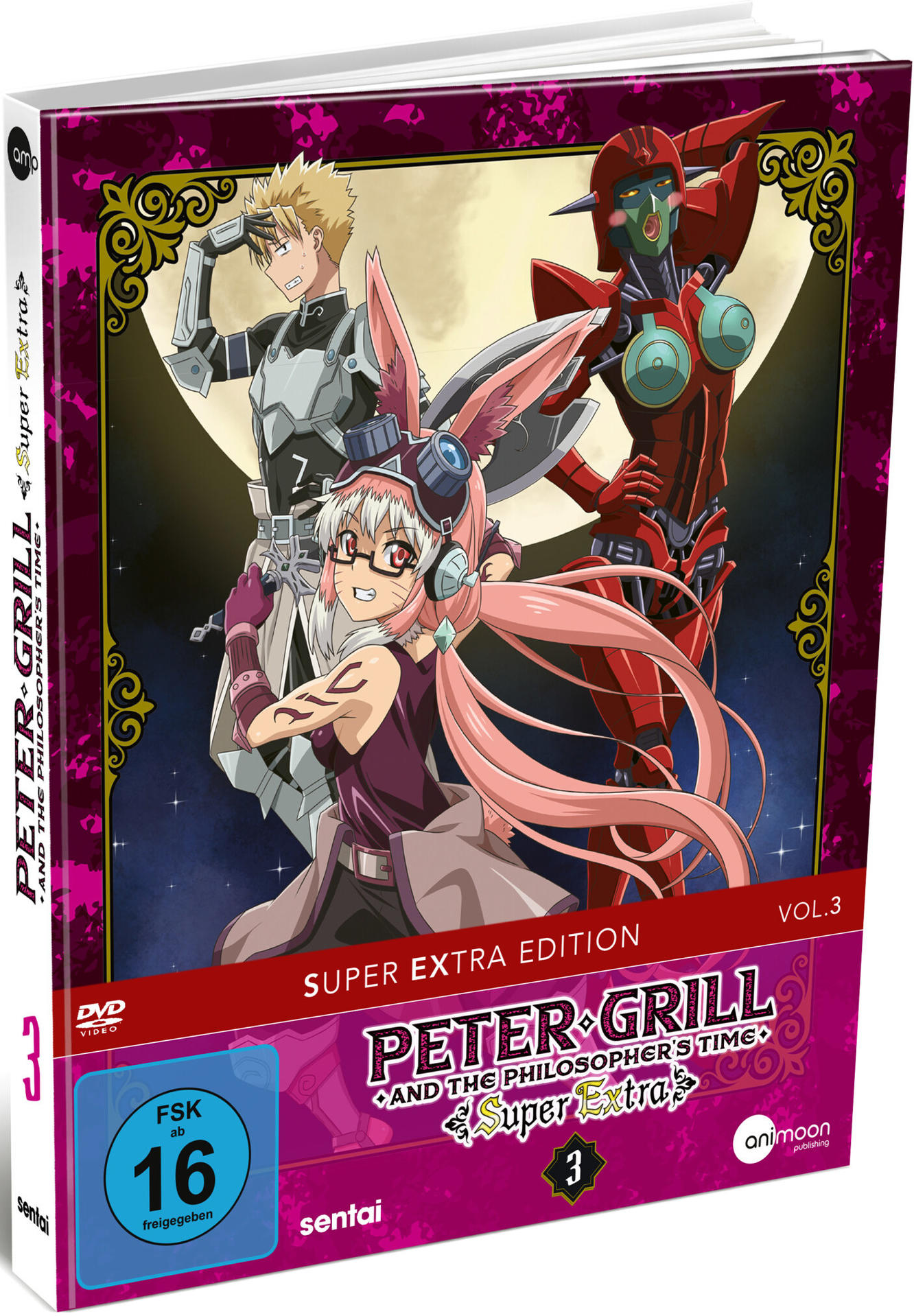 Anime-DVD-Hülle. Drei Charaktere auf dem Cover. Der Titel lautet 'Peter Grill and the Philosopher's Time'.