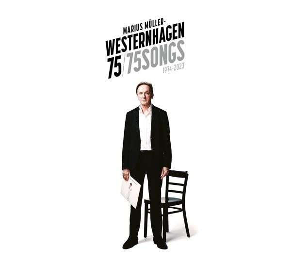 Albumcover: Marius Müller-Westernhagen. Ein Mann im Anzug steht und hält eine Schallplatte. Weißer Hintergrund.