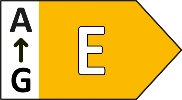 Ein Energieeffizienzlabel mit dem Buchstaben 'E' in Pfeilform.