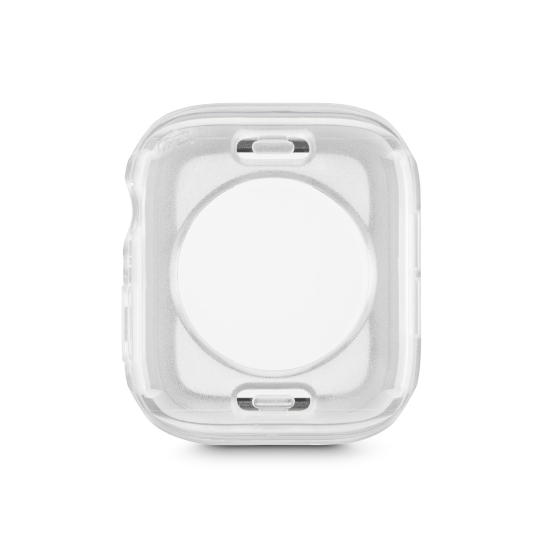 Transparente Schutzhülle für eine Smartwatch, mit weißem Ziffernblatt innen.