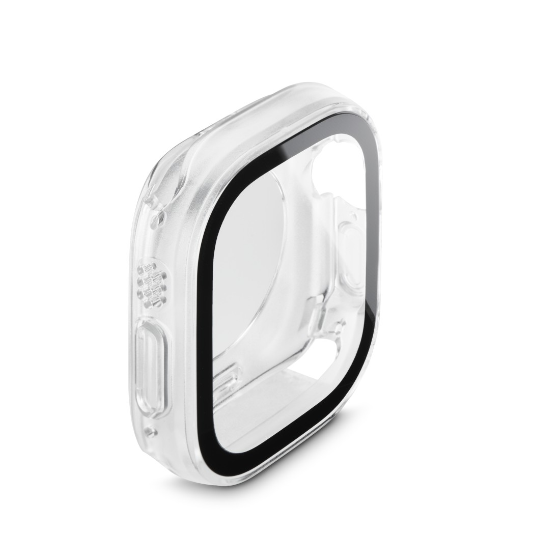 Transparente Schutzhülle für eine Smartwatch, mit schwarzem Rand, auf weißem Hintergrund.