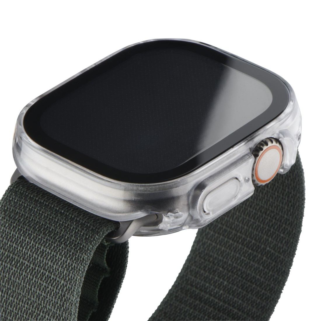 Nahaufnahme einer Smartwatch mit transparentem Gehäuse und grünem Armband.