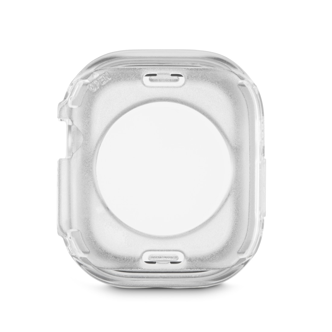 Transparente Apple Watch Hülle. Zeigt das Zifferblatt. Das Wort OPEN ist sichtbar.