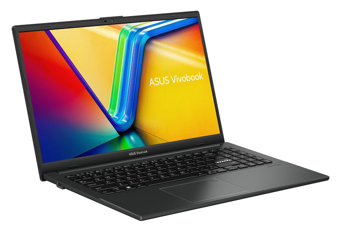 Czarny laptop ASUS Vivobook, otwarty. Kolorowy ekran. Widoczna klawiatura i touchpad.