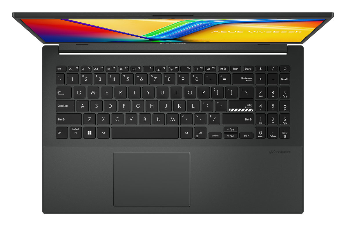 Laptop, otwarty, widok z góry; widoczna klawiatura. Ekran wyświetla grafikę. Panel dotykowy pod klawiaturą.