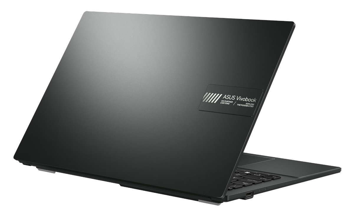 Czarny laptop z logo ASUS Vivobook, widok z tyłu.
