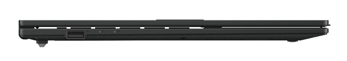 Widok z boku laptopa, czarny, zamknięty, z widocznym portem USB.