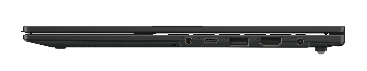 Widok z boku czarnego laptopa z portami: zasilanie, USB-C, USB, HDMI i inne porty.