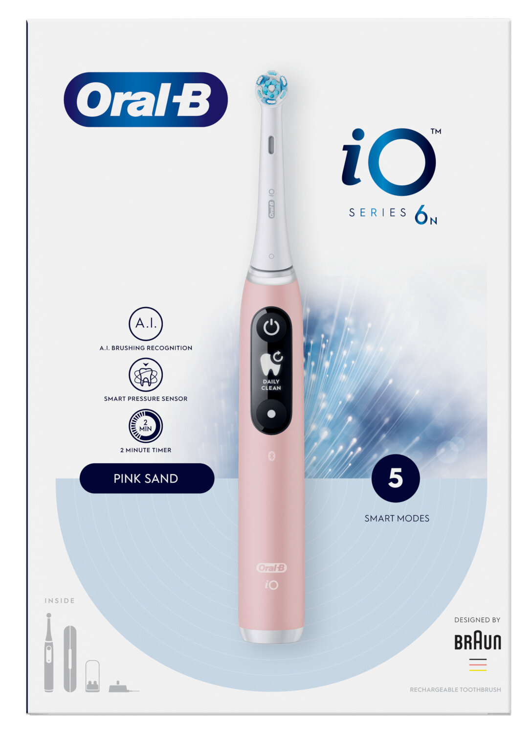 Różowa szczoteczka do zębów Oral-B iO Series 6N, z inteligentnymi trybami, funkcjami i rozpoznawaniem AI, na niebieskim tle.