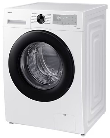 Biała pralka Samsung. Ma czarne drzwi i panel sterowania.