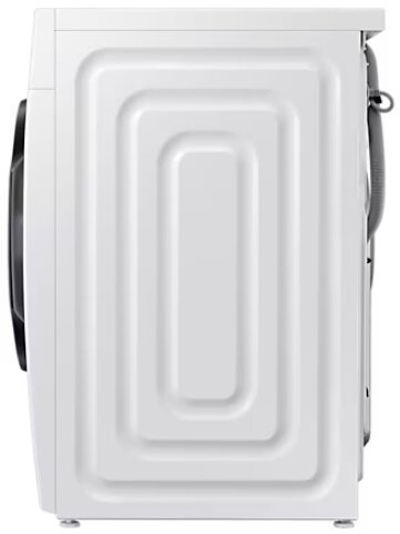 Biała pralka z boku, z teksturowanym tyłem i ciemnymi drzwiami.