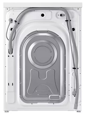 Tył białej pralki z widocznymi elementami, w tym wężami i metalową płytą.