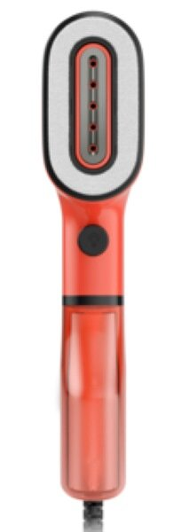 Czerwono-czarny ręczny parownik do ubrań z przezroczystym zbiornikiem na wodę.