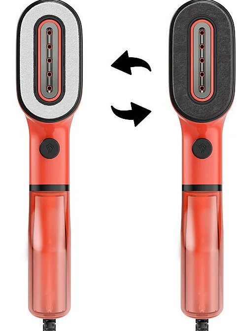 Dwa pomarańczowo-czerwone parownice do odzieży. Jeden z białą głowicą, drugi z czarną głowicą. Strzałki wskazują wymienne głowice.