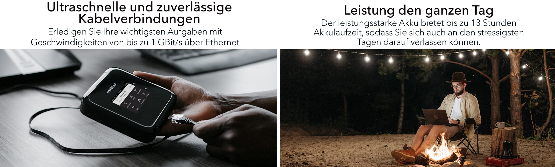 Zwei Bilder mit deutschem Text über schnelle Kabelverbindungen und ganztägige Akkulaufzeit.