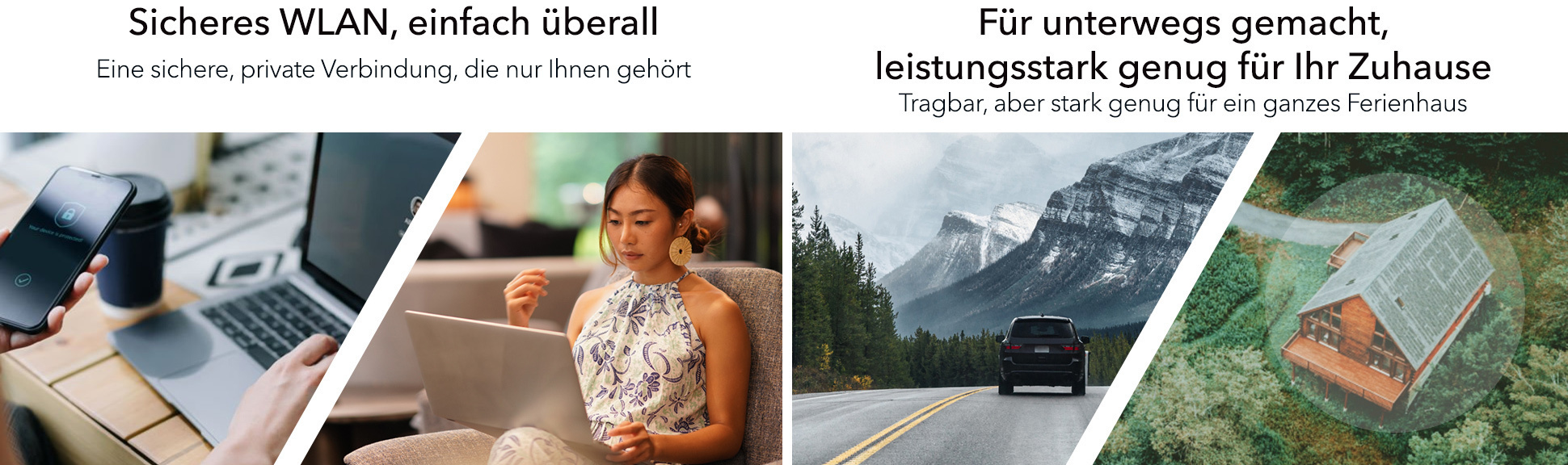 Bild mit zwei Szenen: Frau mit Laptop und Person mit Telefon. Berg- und Hausansicht.