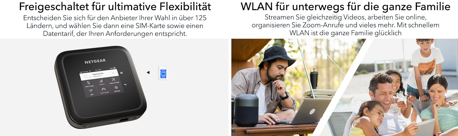 Bilder zeigen einen tragbaren Router und eine Familie, die einen Laptop mit WLAN nutzt.