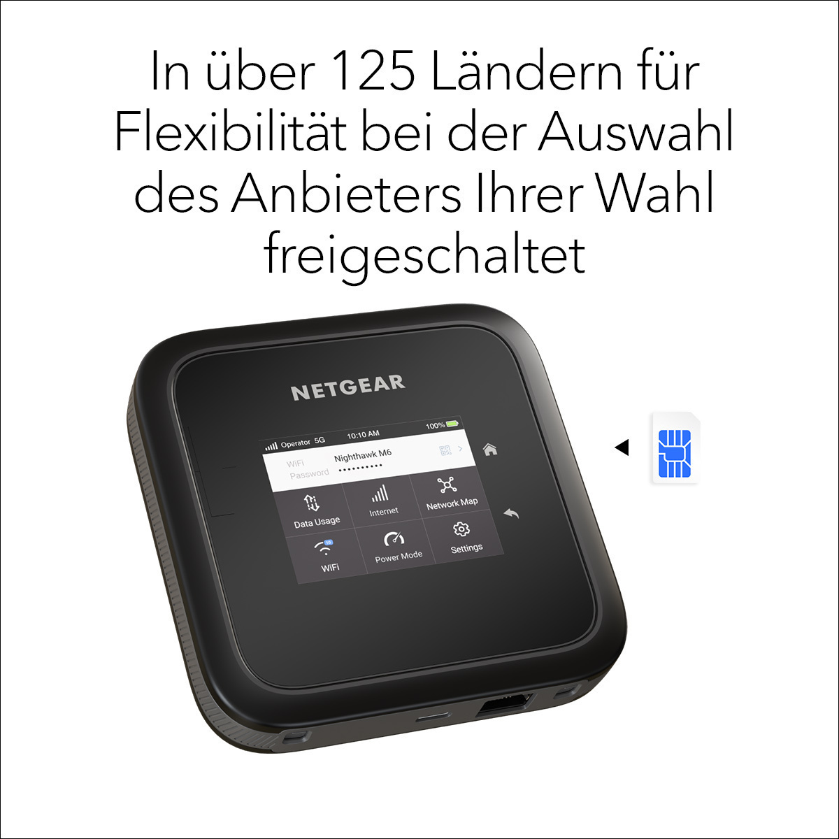 Ein schwarzer mobiler NETGEAR-Router mit einem Bildschirm, der verschiedene Einstellungen anzeigt, und einem SIM-Karten-Symbol.