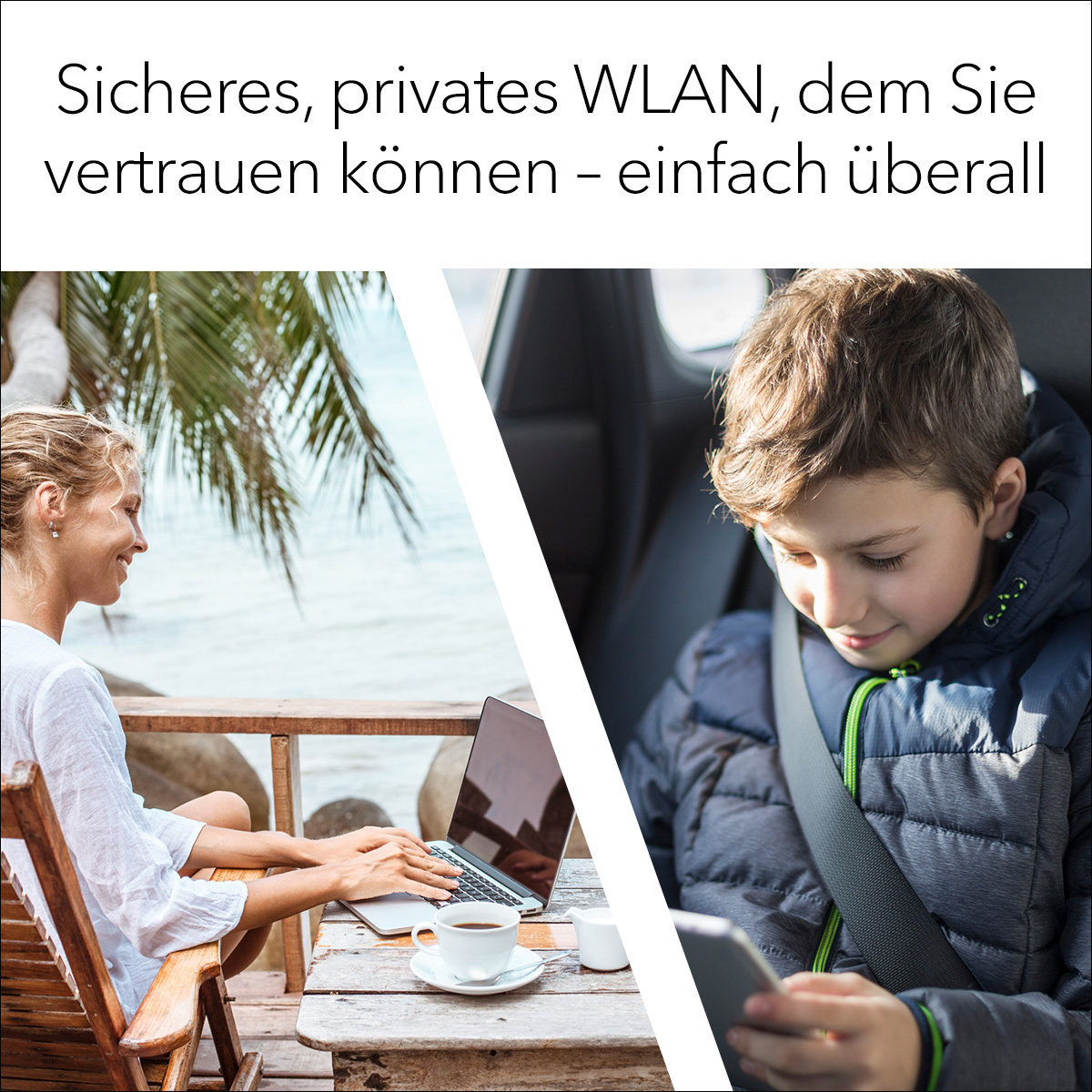 Szene einer Frau und eines Jungen. Frau arbeitet am Laptop, Junge am Telefon. Text: Sicheres WLAN.