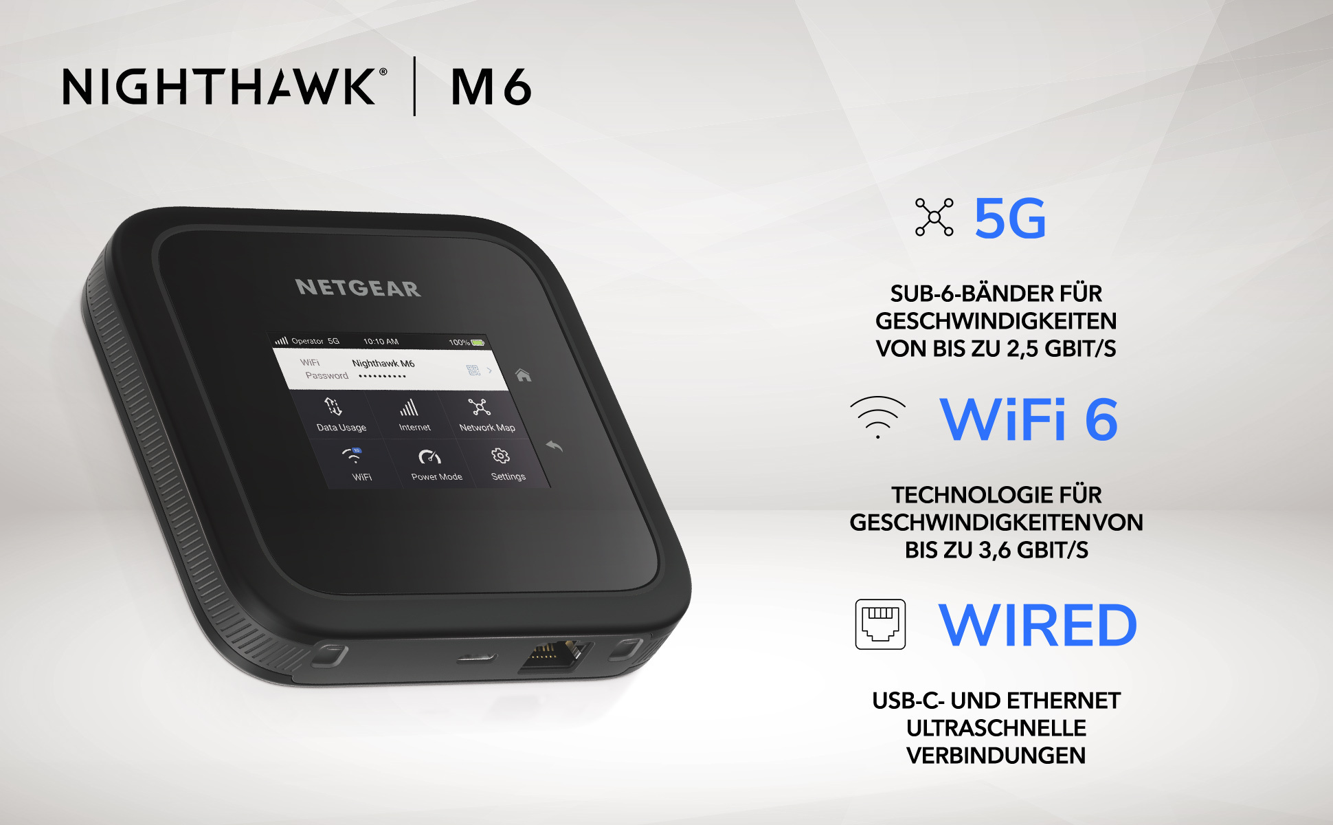 Netgear Nighthawk M6 mobiler Router, schwarz, mit Text, der Funktionen beschreibt: 5G, WiFi 6, Wired.