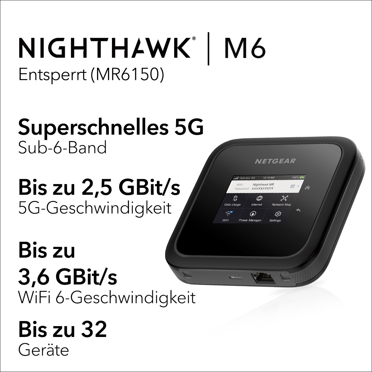 Schwarzer mobiler NETGEAR Nighthawk M6 Router mit Text, der 5G- und WLAN-Geschwindigkeiten zeigt.