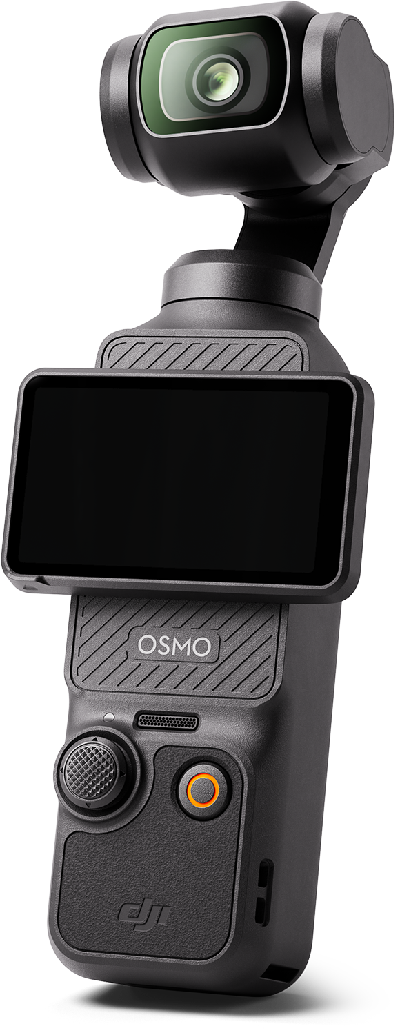 DJI Osmo Pocket kamera, fekete, képernyővel, vezérlőgombokkal és lencsével a tetején.