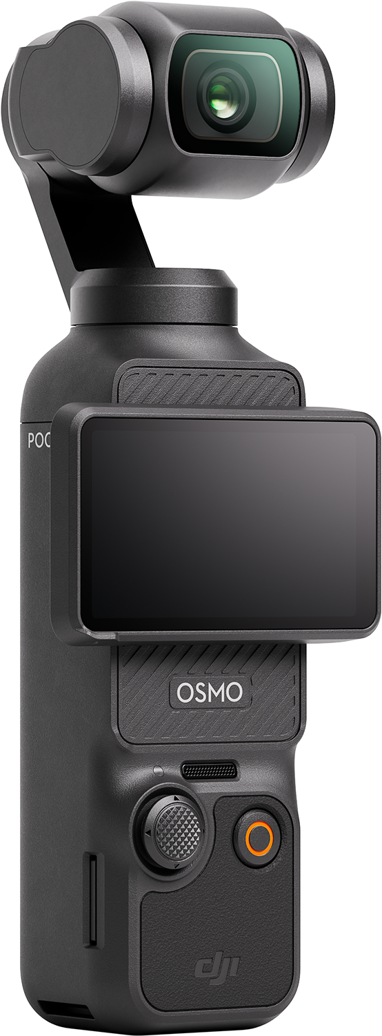 Fekete DJI Osmo Pocket kamera. Van rajta képernyő, objektív és vezérlőgombok. A háttér fehér.