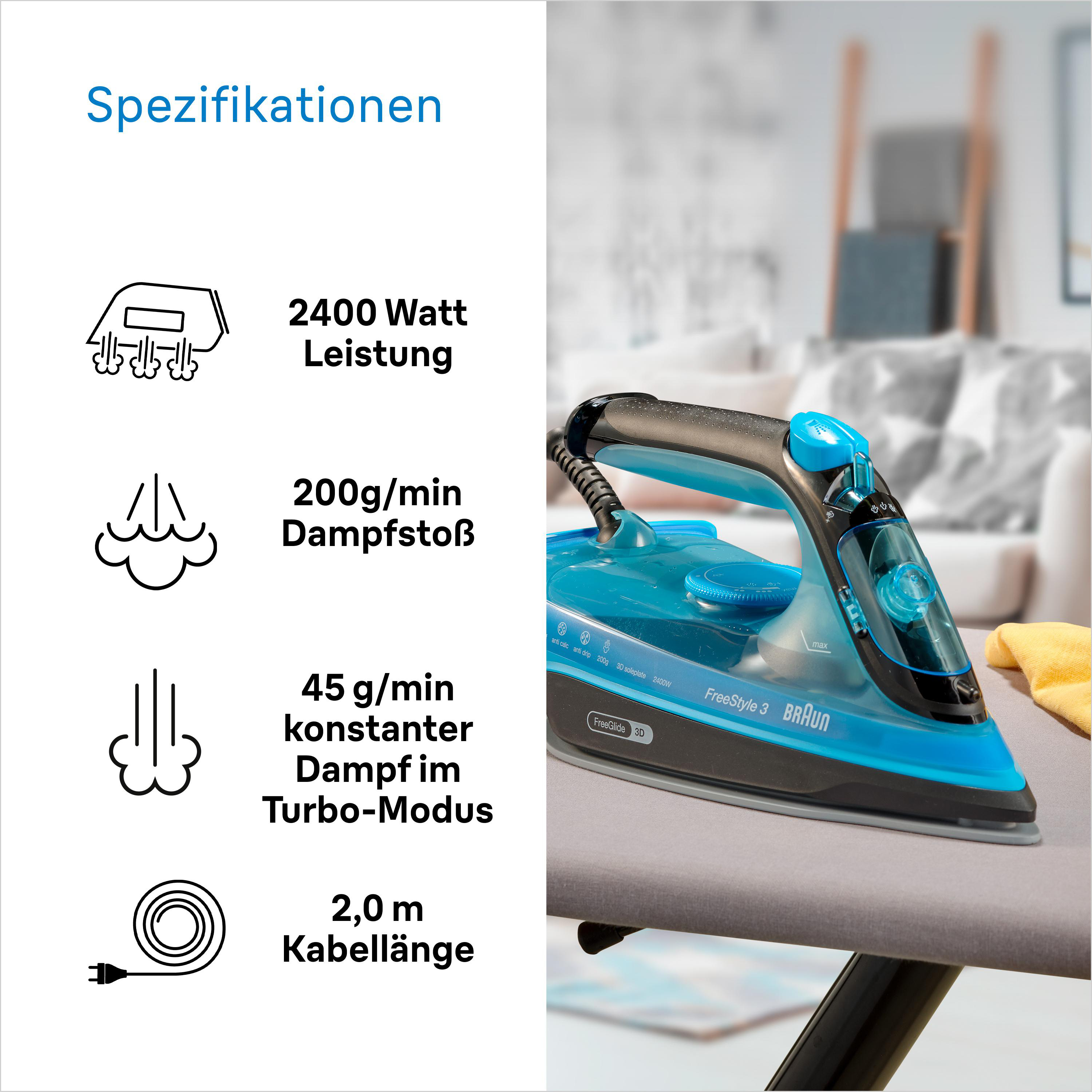 Blaues Bügeleisen mit Spezifikationen. Dampf-, Watt- und Kabellängendetails. Bügelbrett im Hintergrund.