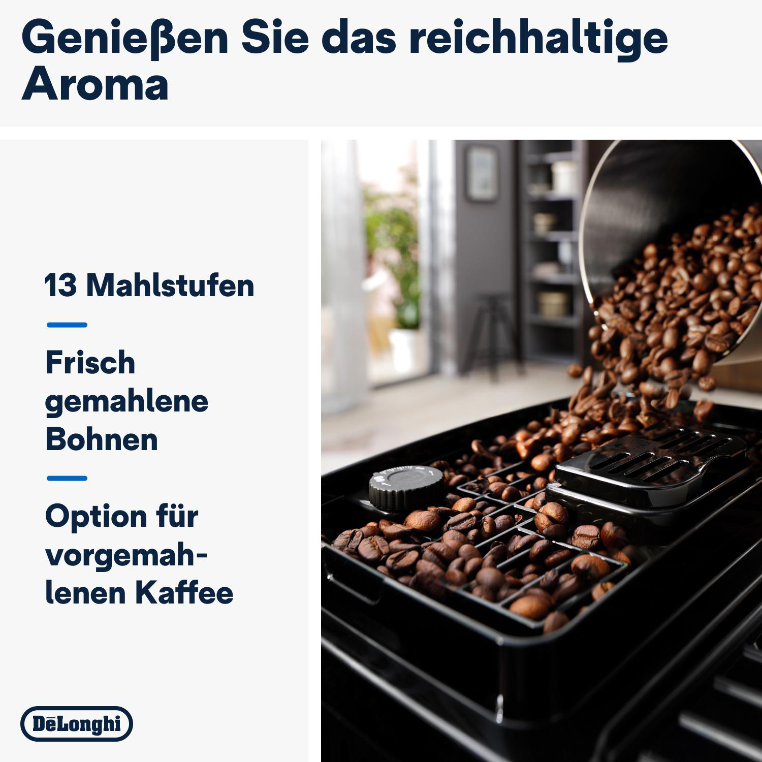 Kaffeebohnen werden in eine Maschine gegossen. Text-Overlay links. Schwarze und silberne Maschine.
