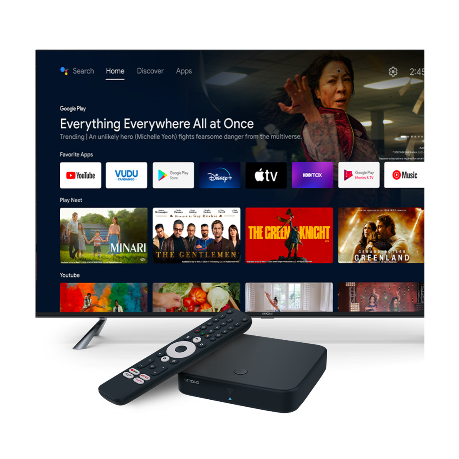 Schermo TV con interfaccia Google Play e consigli sui film.